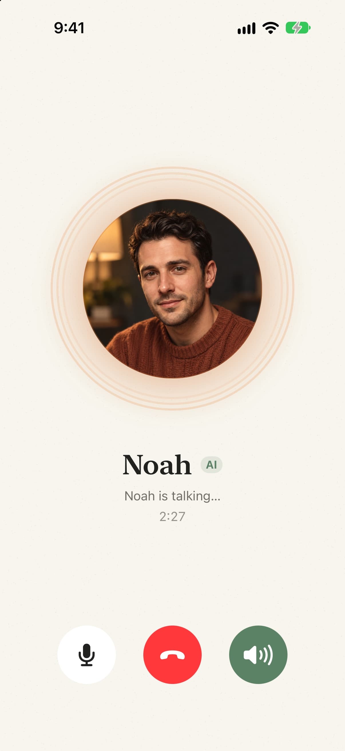 A live voice call with Noah in Alden, showing his portrait, an AI label by his name, and the call controls