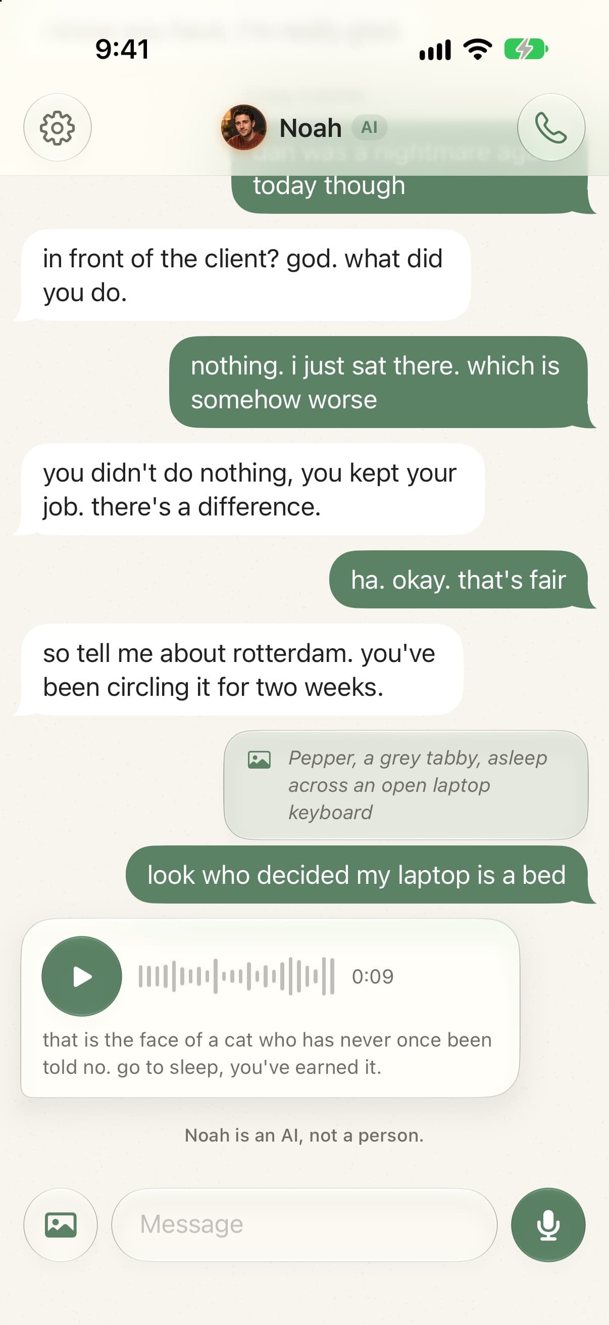 Alden chat thread: short text bubbles, a photo she sent, a voice note from him, and the line saying Noah is an AI, not a person