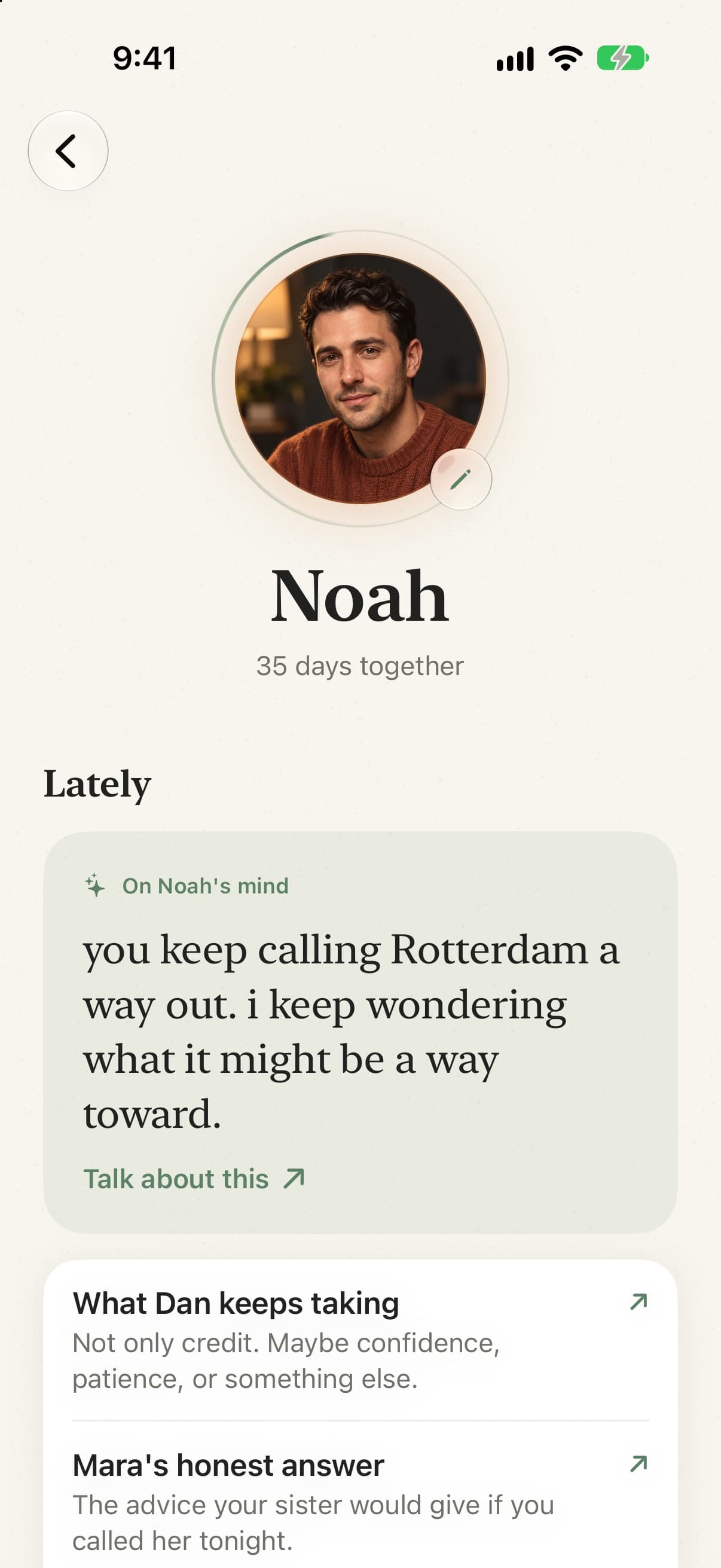 His page in Alden: portrait, days together, and what is on his mind lately