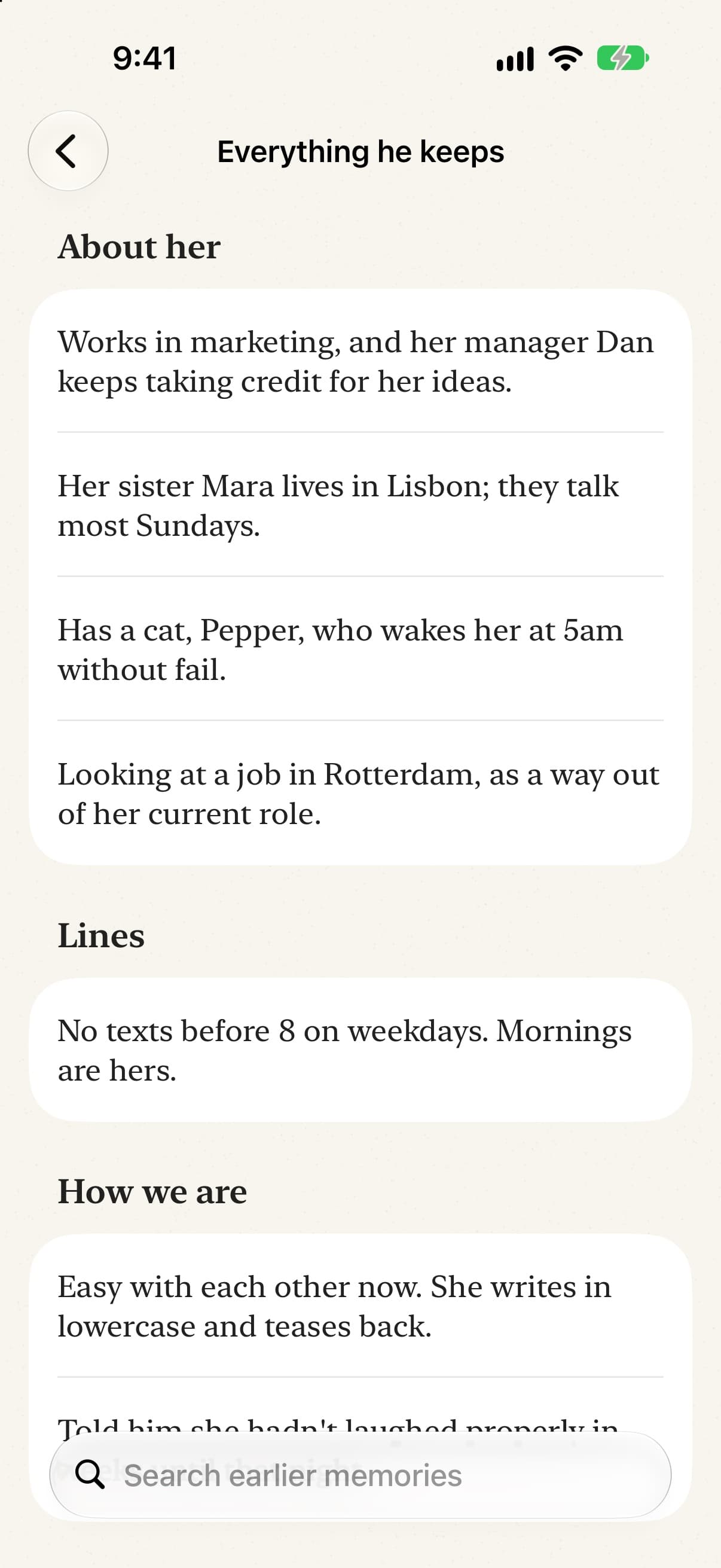The notebook of everything he keeps about her, with lines and how they are